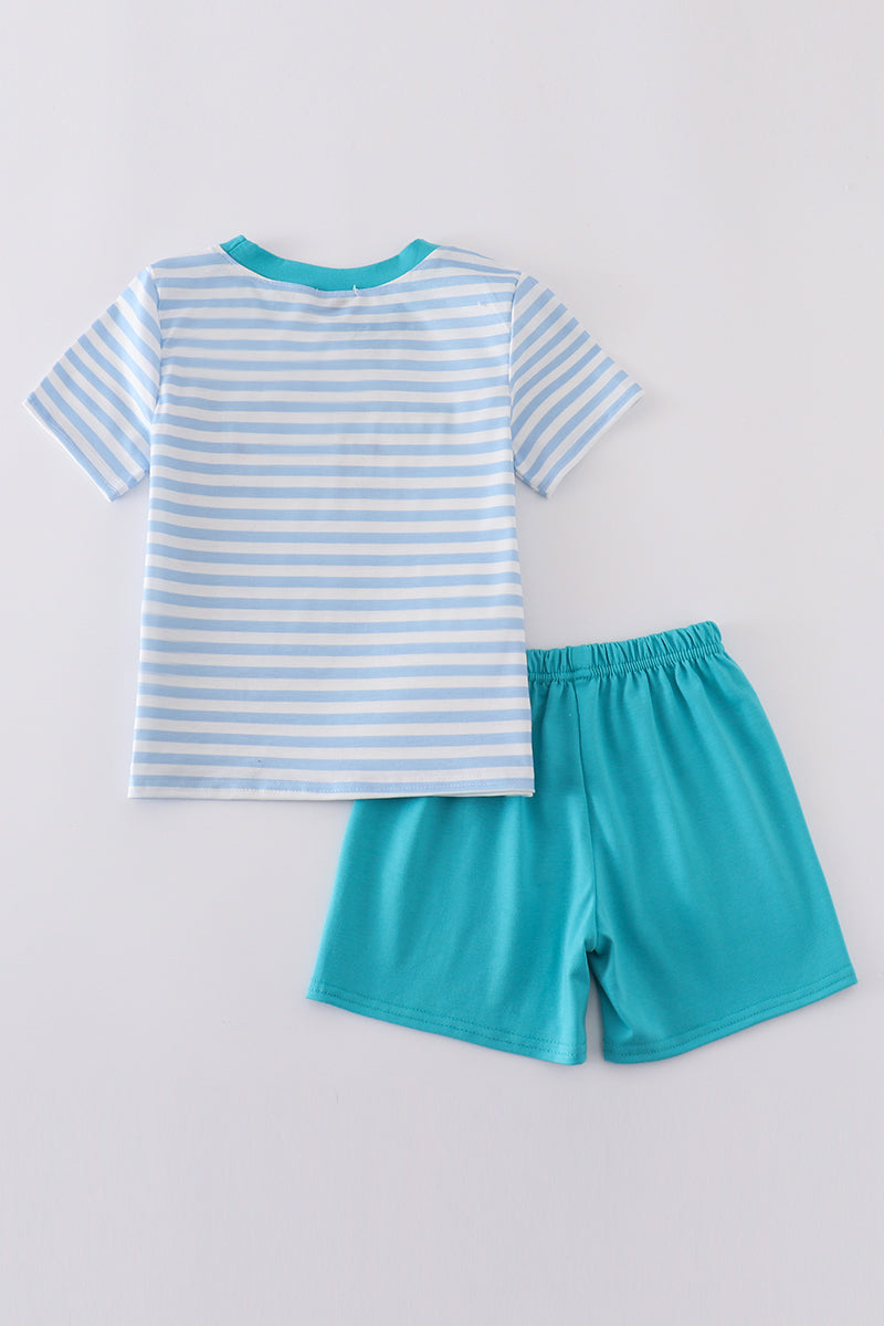 blue stripe helicopter embroidery smocked set