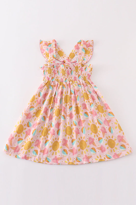 pink muslin sun ice cream smocked ruffle dress