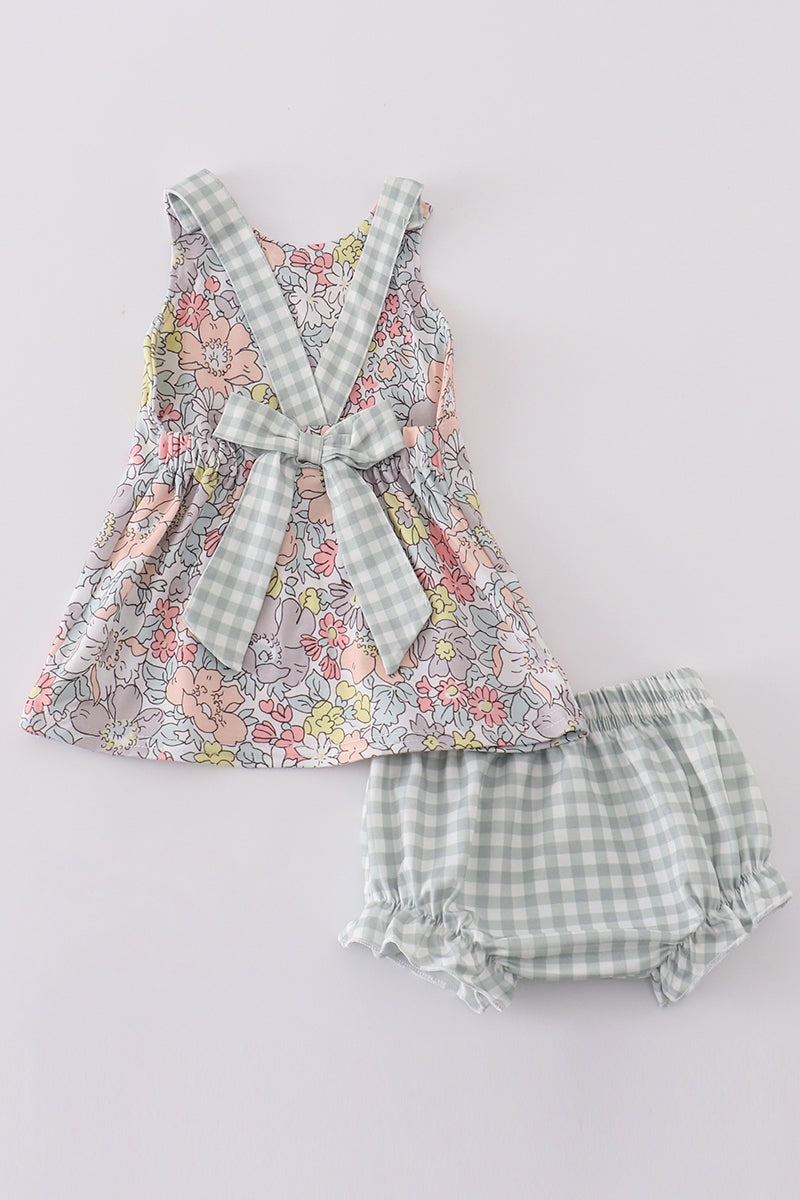 sage gingham pastel floral bloomer set
