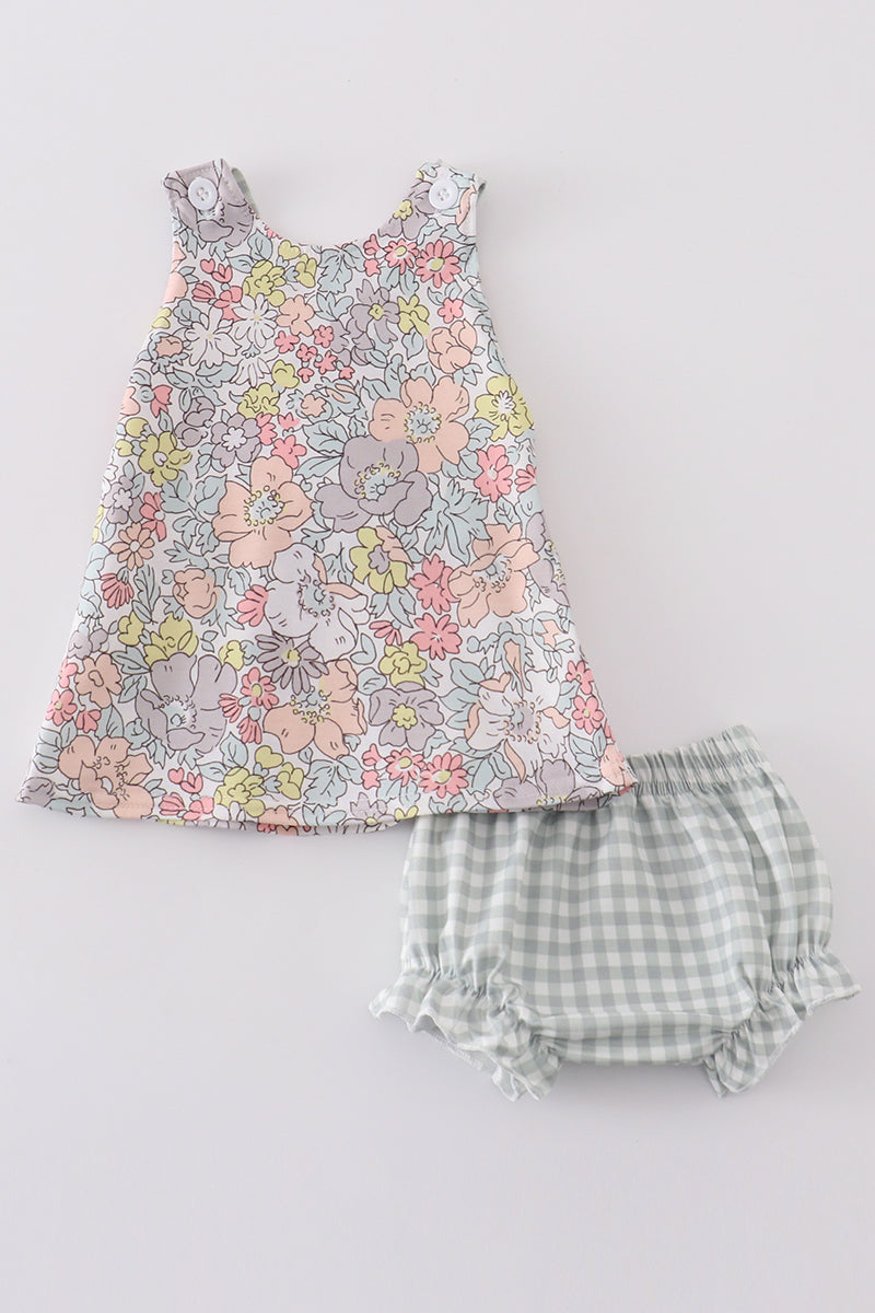 sage gingham pastel floral bloomer set