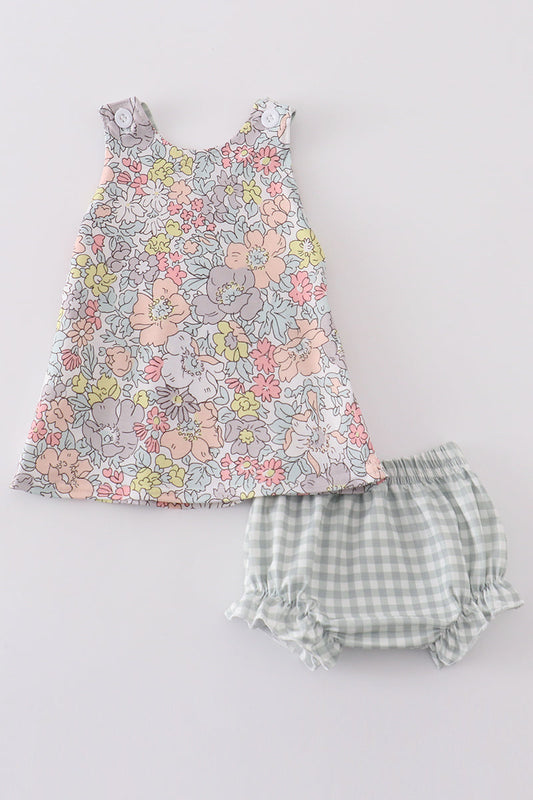 sage gingham pastel floral bloomer set