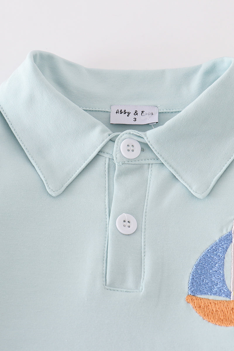 blue stripe sailboat embroidery boy set