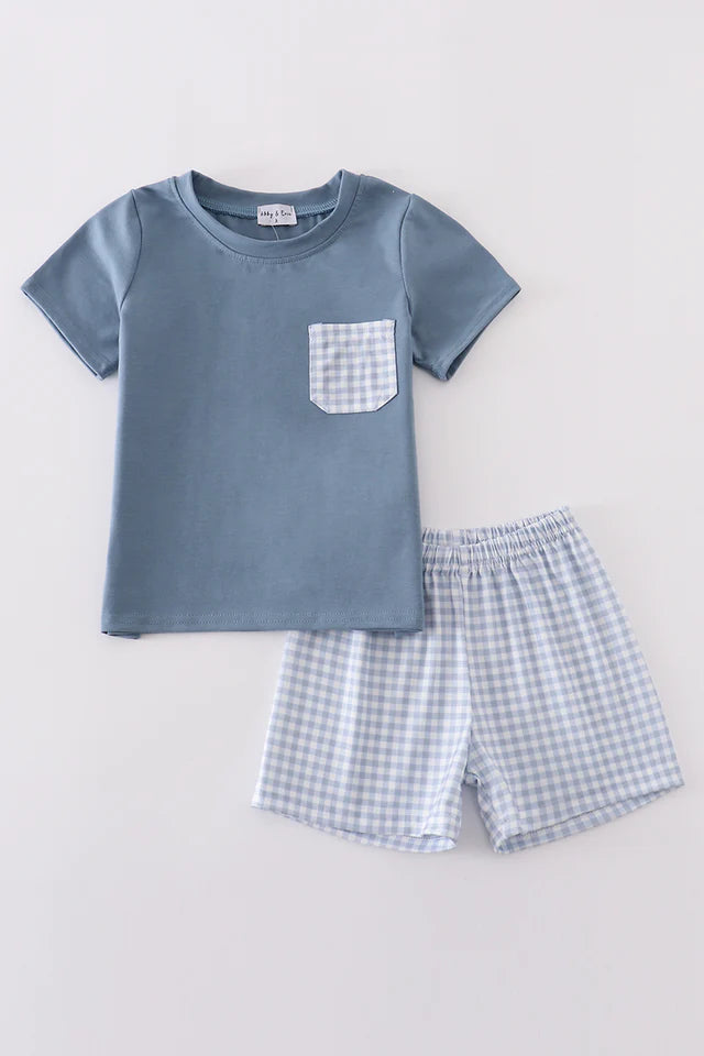 blue gingham shorts set