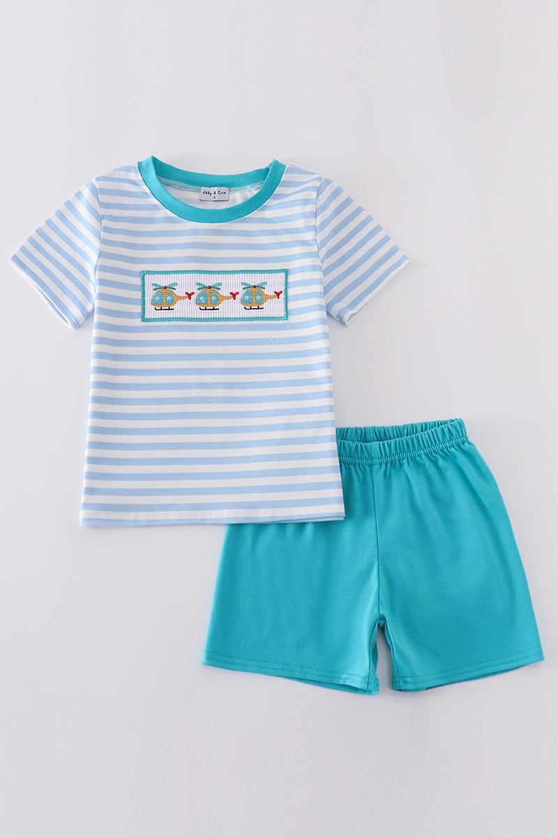 blue stripe helicopter embroidery smocked set