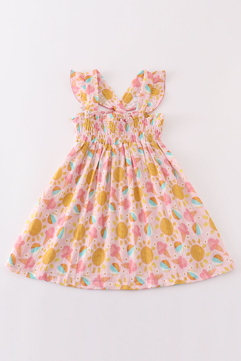 pink muslin sun ice cream smocked ruffle dress