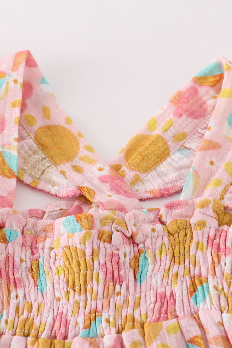 pink muslin sun ice cream smocked ruffle dress