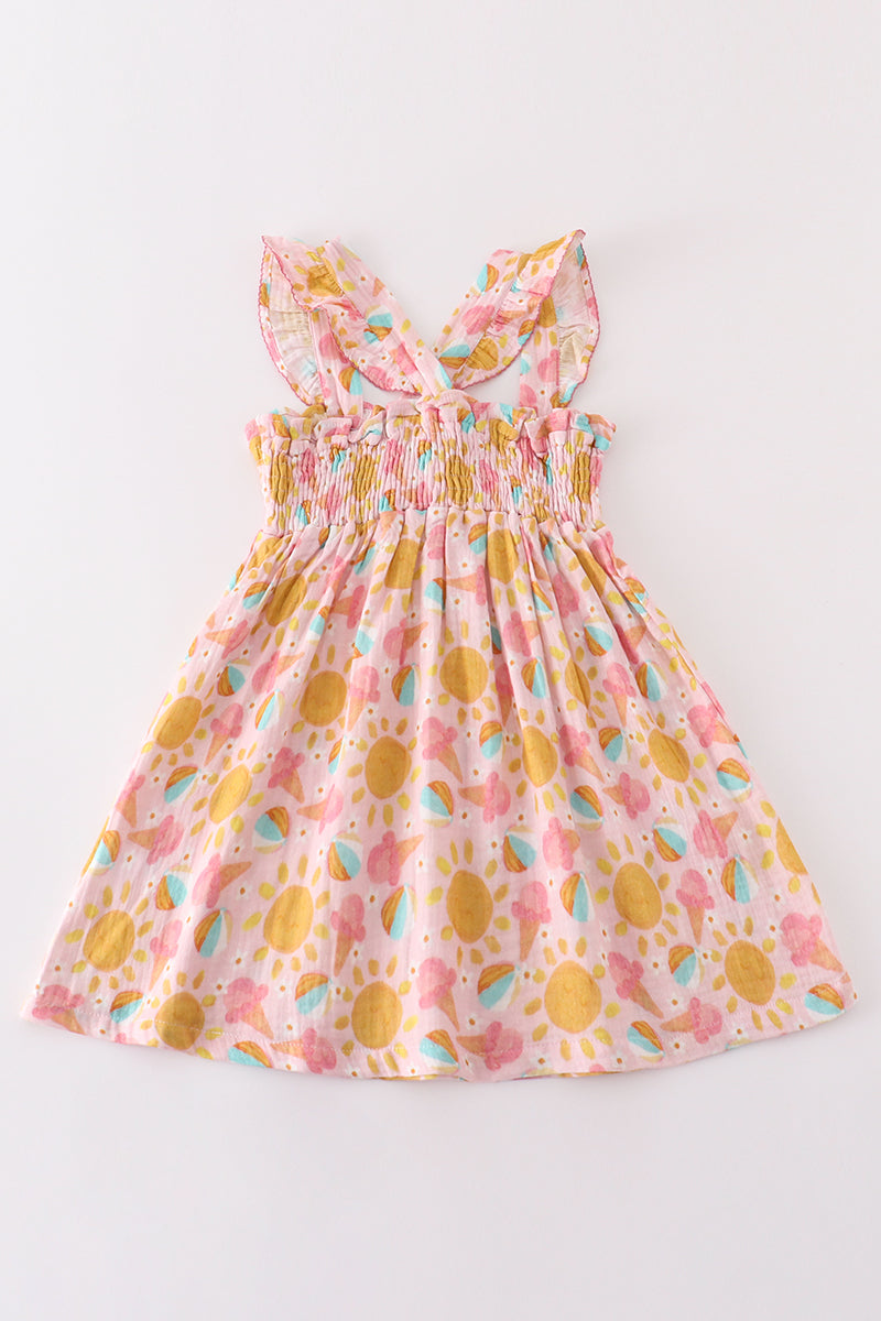 pink muslin sun ice cream smocked ruffle dress