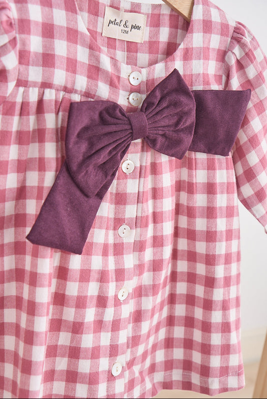 Pink bow plaid dress