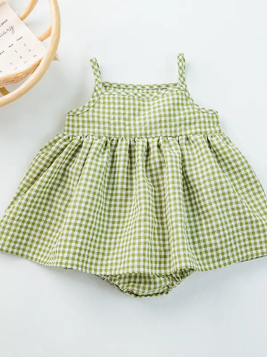 green plaid skirted romper